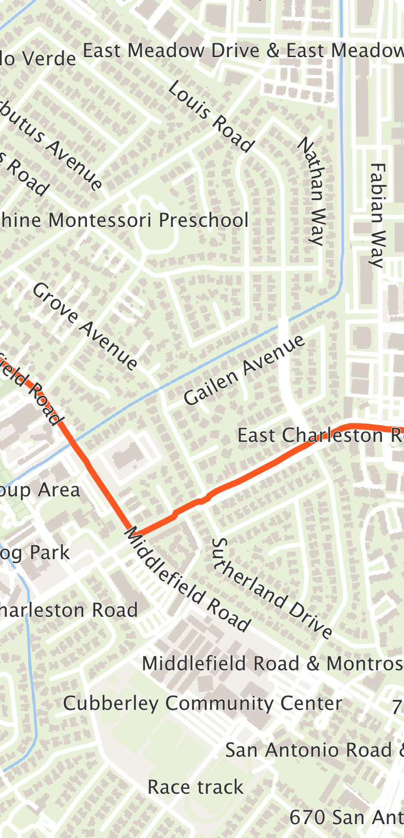 Road names follow the vector streets and remain visible over the route